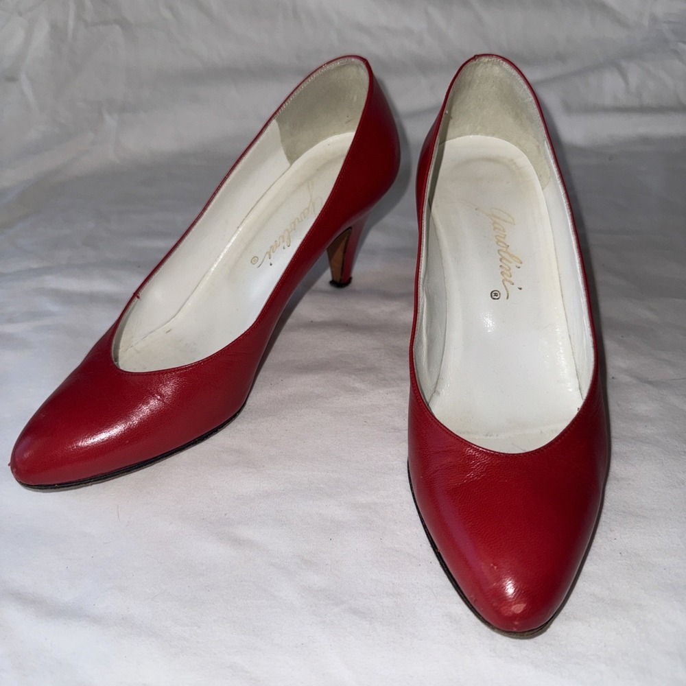 Vintage 80s Garolini Cherry Red Leather Pointed Toe Cone Mid Heel Pumps 5.5M
